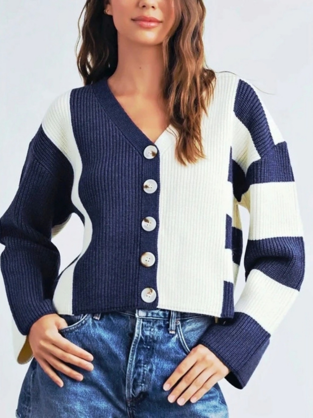 Everlasting Eve Color Block Cardigan in Navy & White NWT